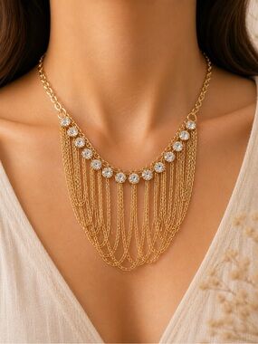 3/30 ✨✨ Gold Fringe Necklace with Clear Crystal Accents by
